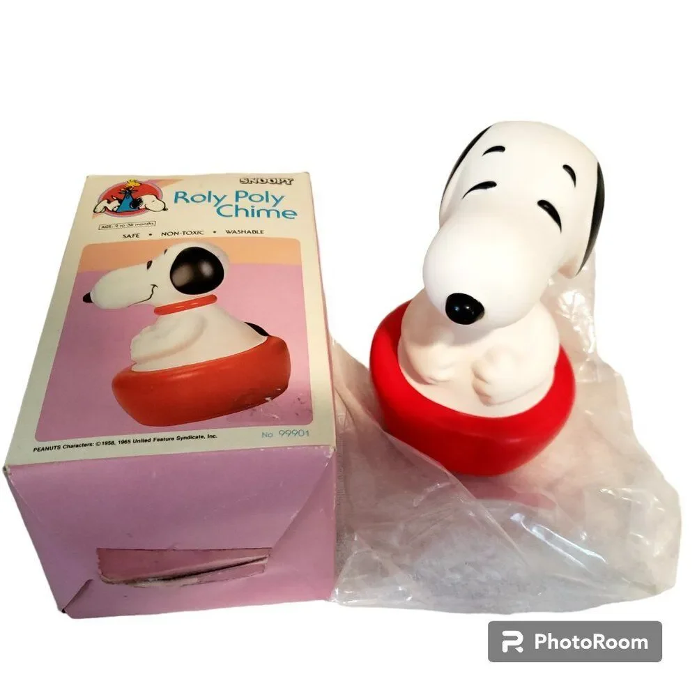 1980s Vintage Snoopy Peanuts Roly Poly Chime Toy Plastic w/Box Baby/Child Toy
